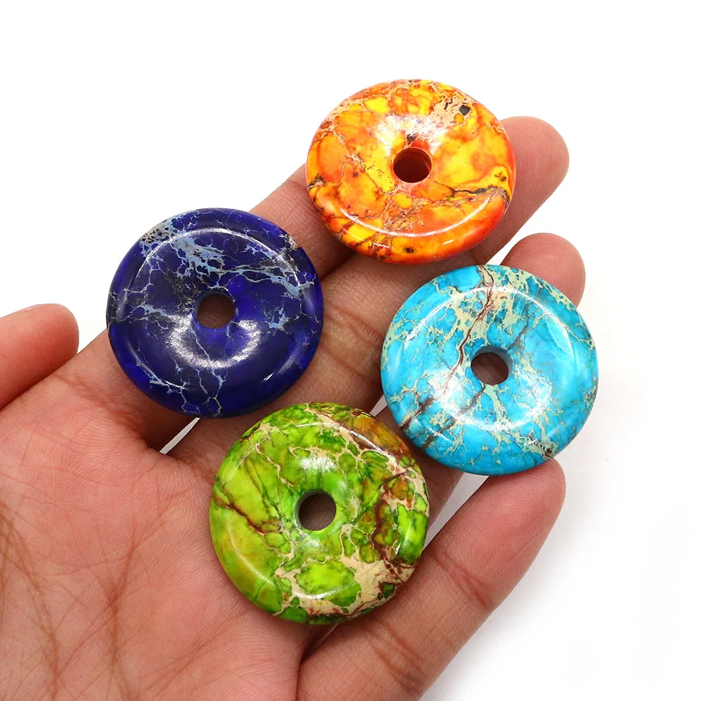Fashion Natural Emperor Stone Polished Round Disc Button-shaped Colorful Vintage Middle-hole Stylish Pendant DIY Materials