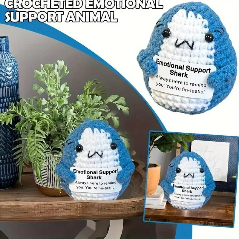 Crochê energia positiva mini bolso abraço artesanal de pelúcia tricô tubarão mão tecido boneca crianças decoração desktop presente natal