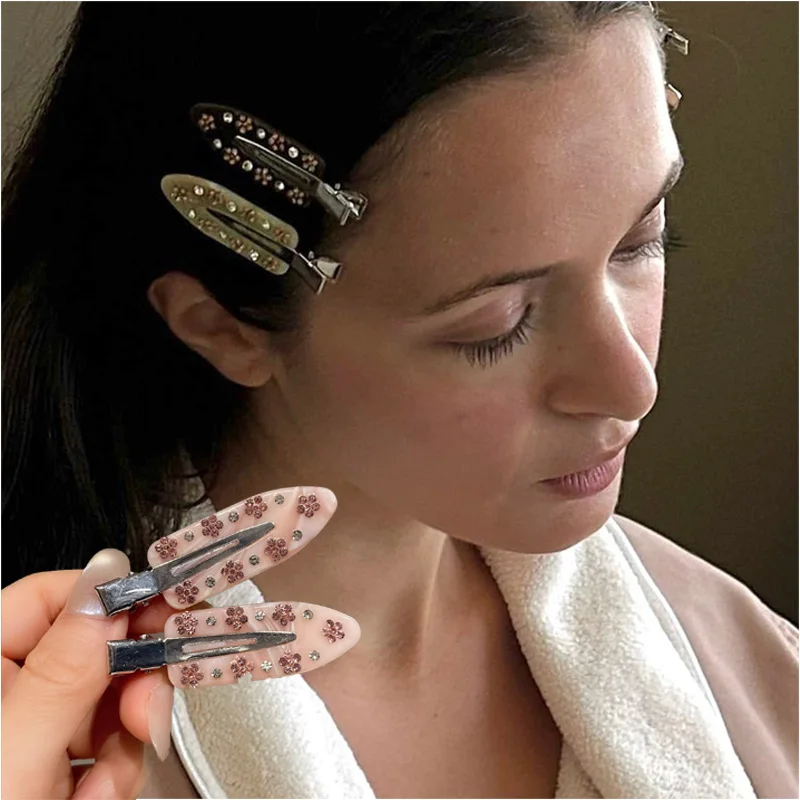 2Pcs Flash Diamond Hair Clips for Women Acetate Seamless Barrettes Retro Fashion Bang Clips Makeup Hairpin Hair Accessories Set
