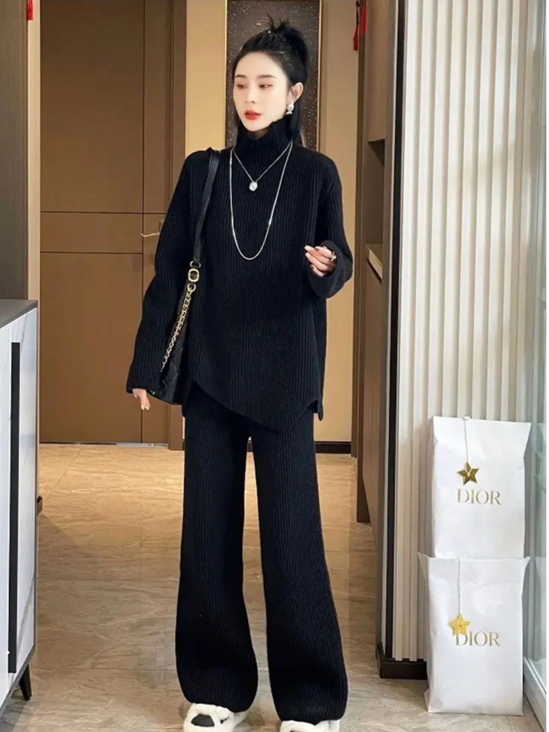 Advanced Purple Knitted Wide Leg Pants Two Piece Set for Autumn and Winter New Thickened Korean Loose Sweater Set for Women