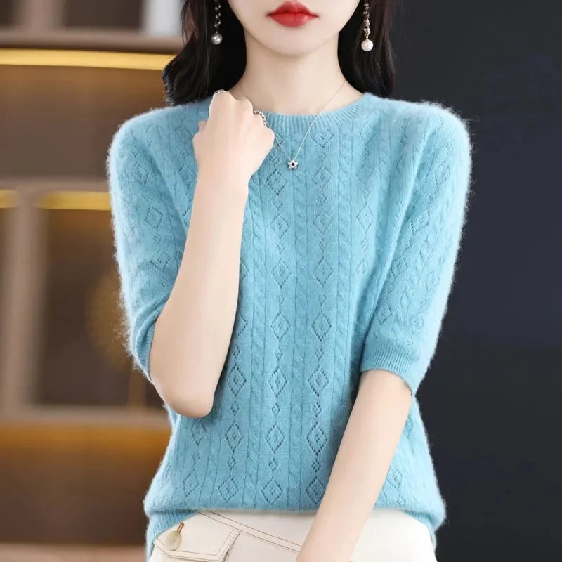 

Женский свитер, весна-лето, вязаная рубашка с коротким рукавом и круглым вырезом, повседневные корейские пуловеры, рубашка в полоску, облегающие джемперы