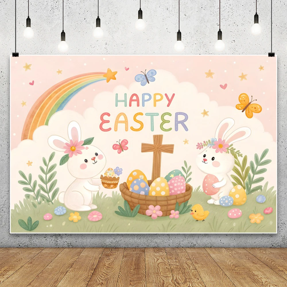 행복한 부활절 사진 배경 부활절 토끼 무지개 예수 십자가 종교적 배경 봄 파티 장식 배너