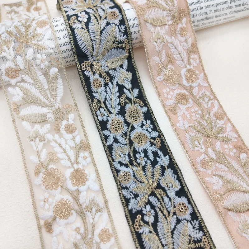 Gold Thread Sequin Tulle Lace Trim Vintage Ethnic Barcode for Hanfu Bag Hem Neckline Sewing Supplies