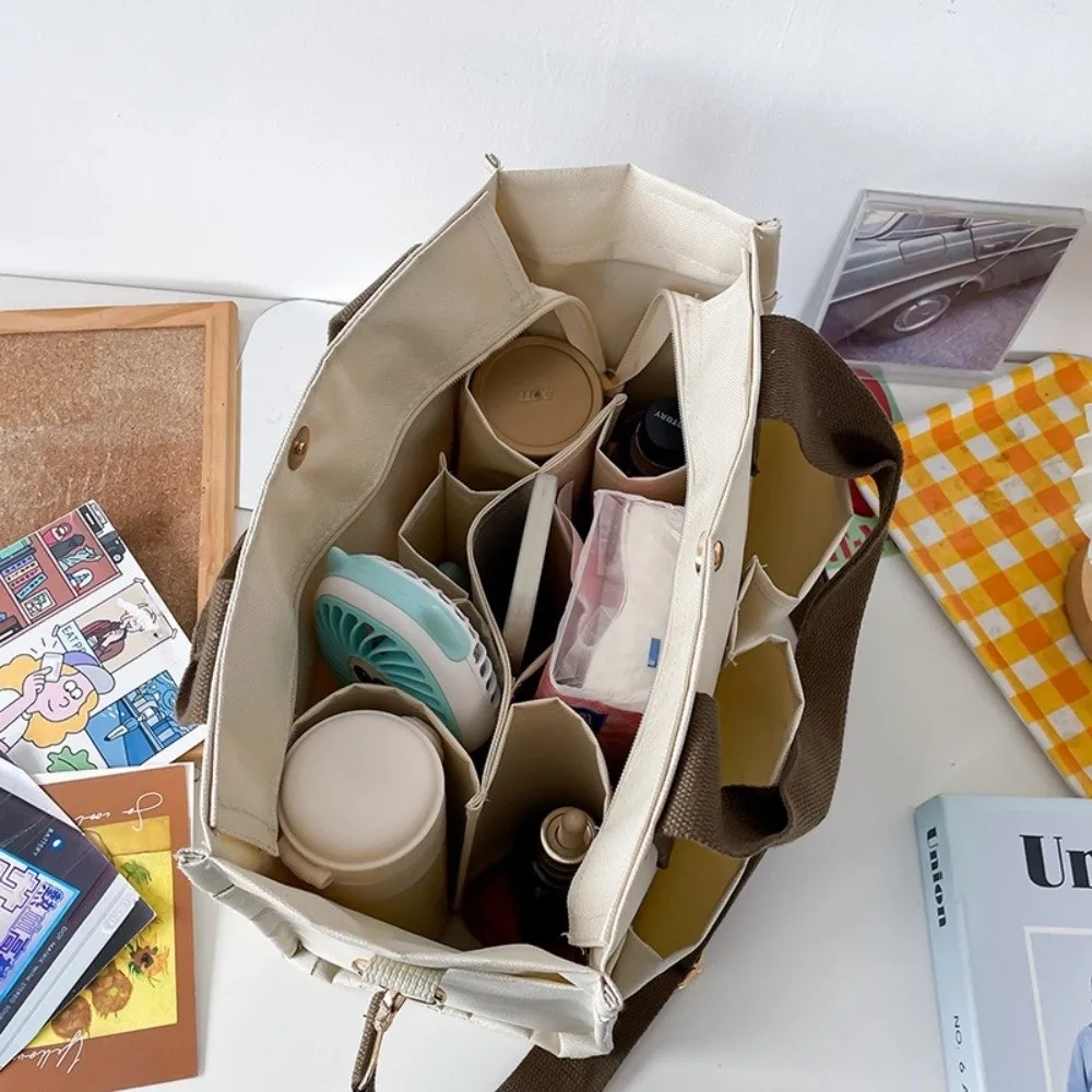 حقيبة كتف متينة ذات سعة كبيرة من القماش باللون الأبيض بجيوب متعددة وحقيبة كتف بسحاب للإغلاق للنساء والفتيات #4