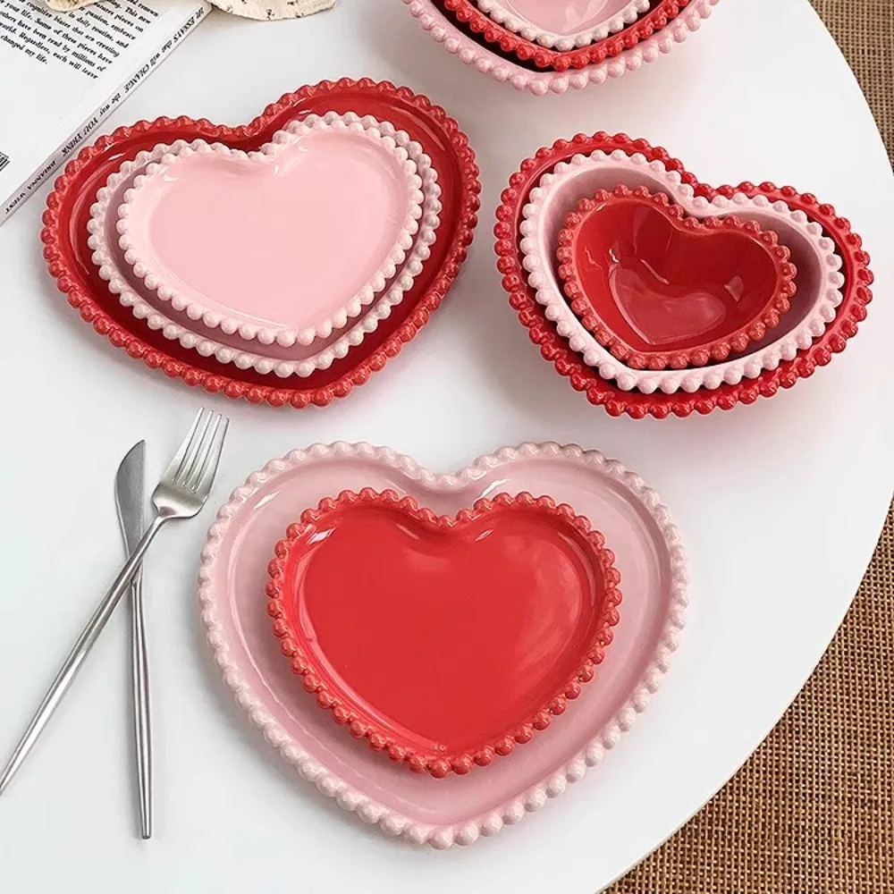 Creative Pink Bead Dots Ceramic Heart Dinner Plate Tableware Home Dessert Cake Plate Porcelain Salad Plate Kitchen Utensils New