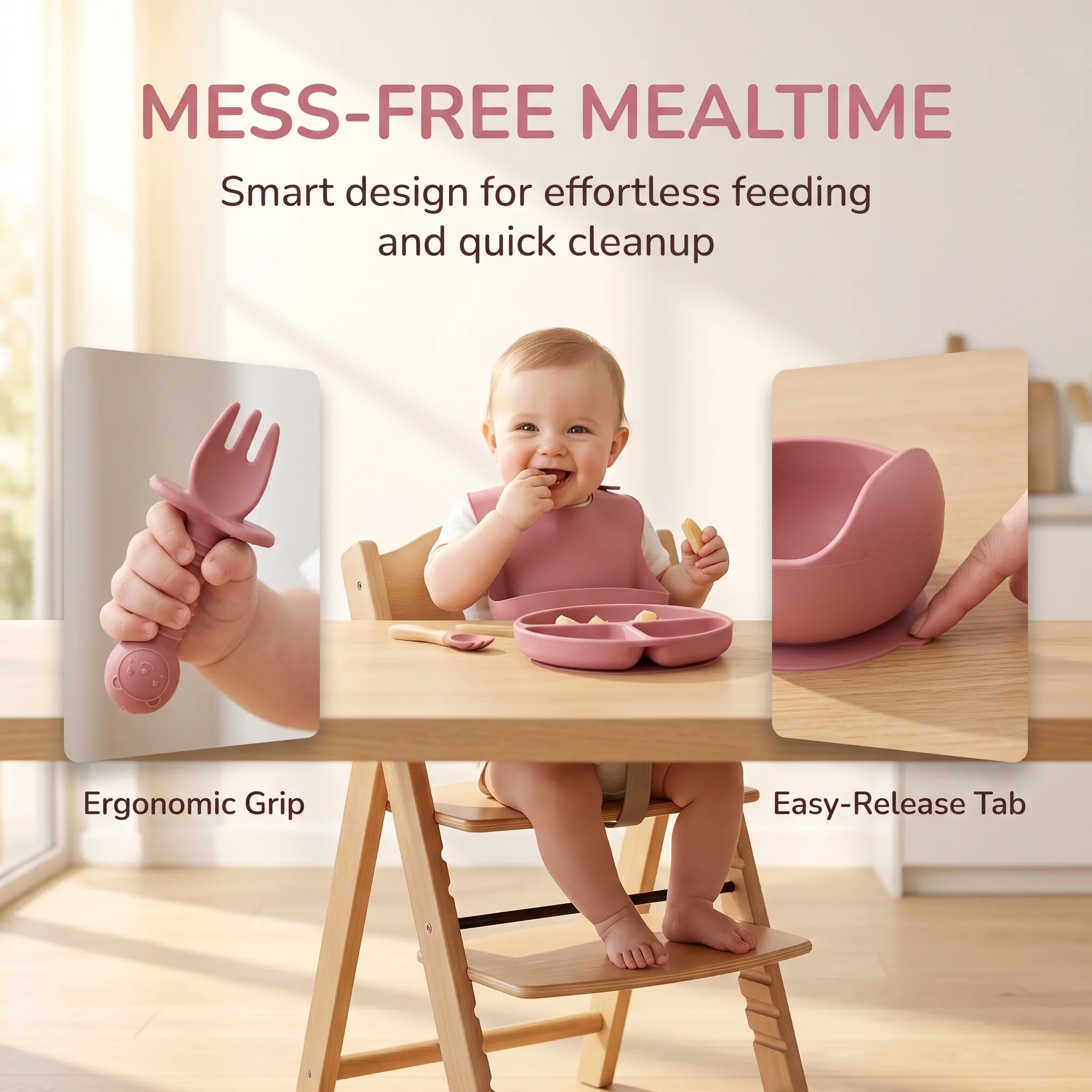 Baby Self Feeding Silicone Tableware Set with Anti-Drop Partition Plate Suction Cup Desktop Wooden Handle Spoon And Fork Easy to Clean Toddler Tools