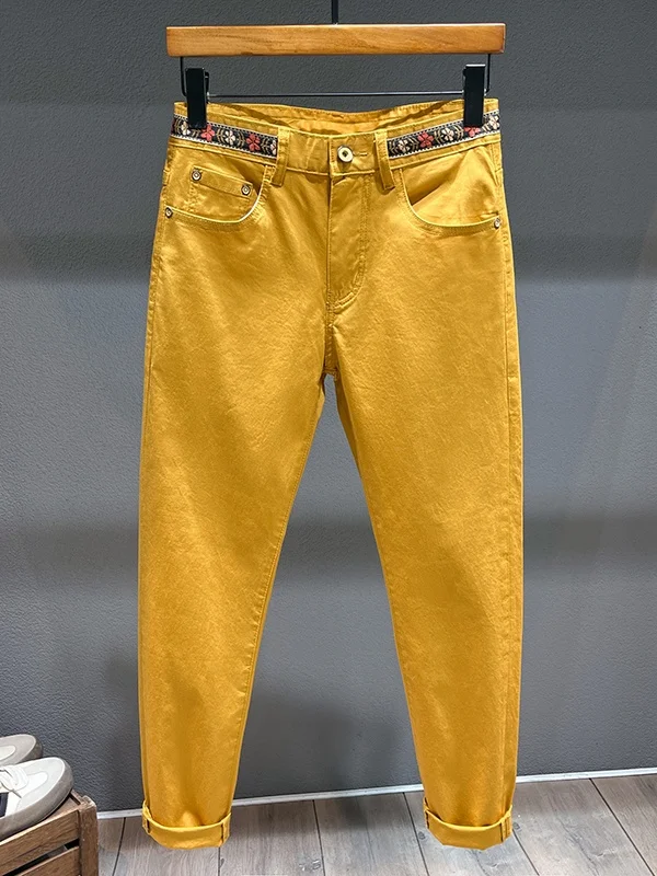 

High-End Yellow Nine-Piece Men's Slim Fit Jeans Casual Versatile Belt Decorated Long Trousers Youthful Faion Cotton Blend