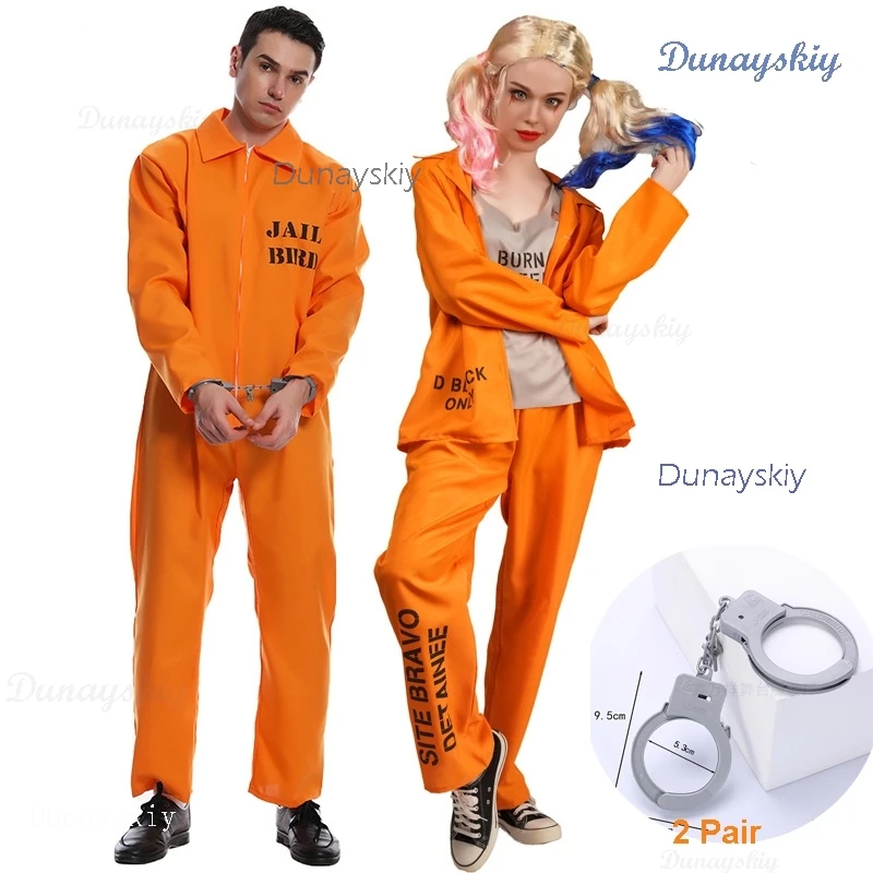 Halloween Funny Unisex Jail Costumes Uniforms Costume Men Women Couple Prisoner Cosplay Party Suit RolePlaying Jumpsuit Onesie