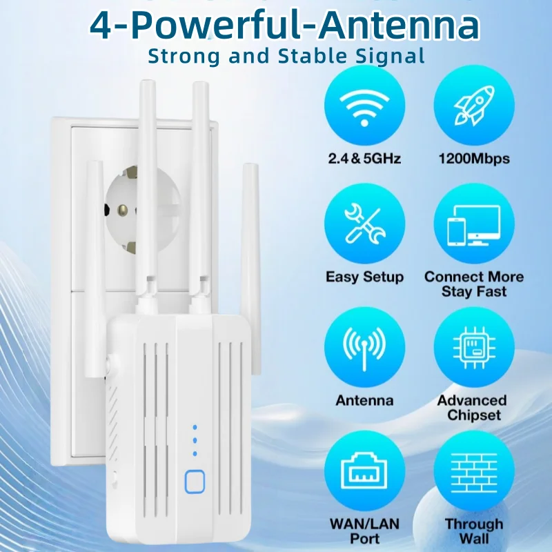 

1200Mbps Dual Band WiFi Repeater Wireless Signal Extender 2.4G 5GHz Wi-Fi Amplifier Router Long Range Booster High-Speed Bands