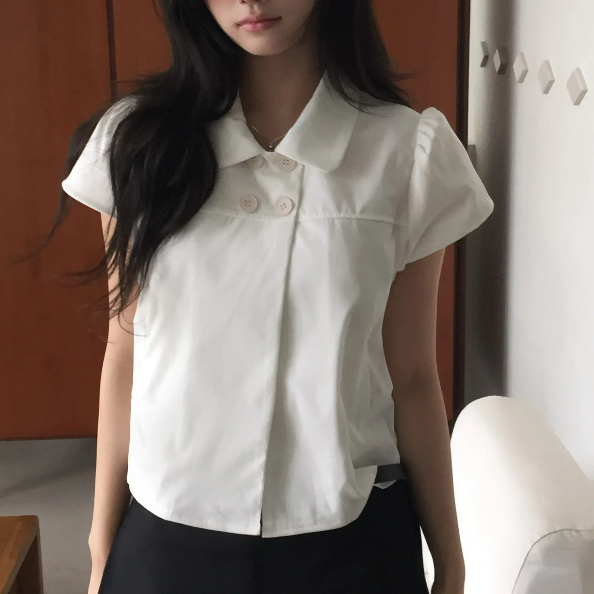 

Chic Summer Japanese Style Short Sleeve Shirt Women's Casual Vintage Doll Collar Double Button Cotton Top for Young Girls