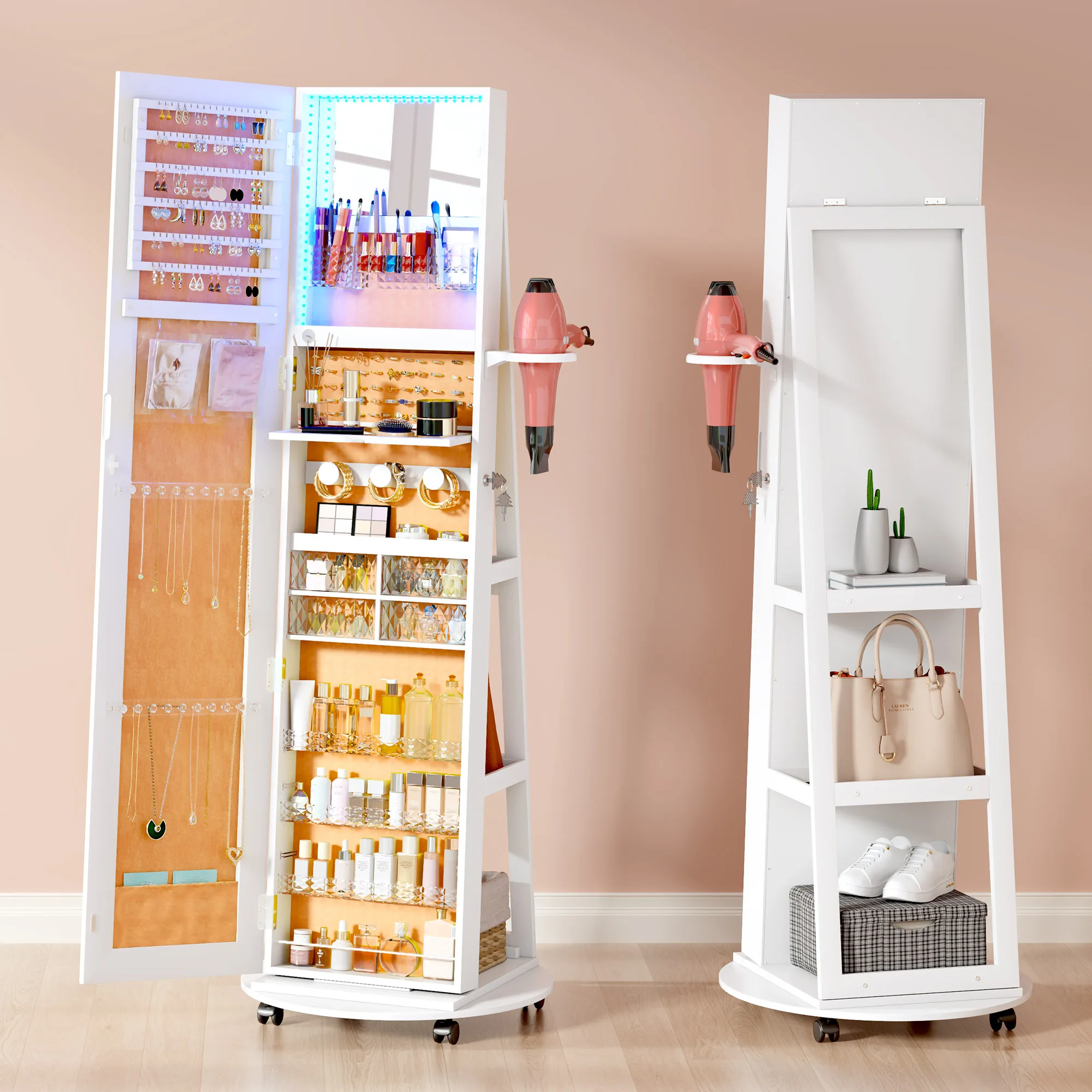 مرآة كاملة الطول مع مساحة تخزين المجوهرات، 360 درجة °   منظم خزانة المجوهرات الدوارة مع أضواء، خزانة مجوهرات بمرآة قابلة للقفل