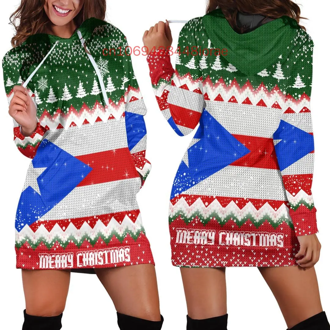 Puerto Rico Vlag Vrouwen Hoodie Jurk 3D Gedrukt Retro Harajuku Vlag Trui Casual Sexy Vrouwen Hoodie Jurk
