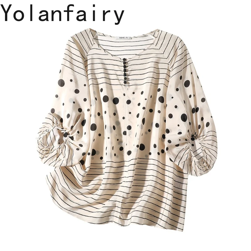 

YOLANFAIRY 100% Real Mulberry Silk Blouse for Woman Summer Light Luxury Fashion Polka Dot Womens Tops and Blouses Casual Shirt