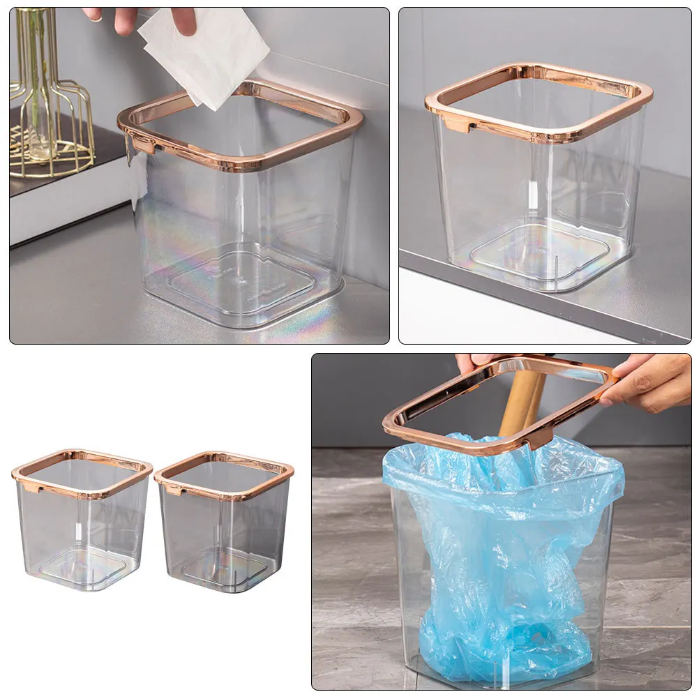 

2pcs Light Luxury Trash Can Transparent Square Plastic Wastebasket For Kitchen Bathroom Bedroom Office Under Sink Cabinet Clear