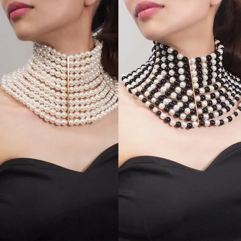 Q5WE Women Vintage Choker Multi Strands Layered Faux Pearl Jewelry Statement Necklace