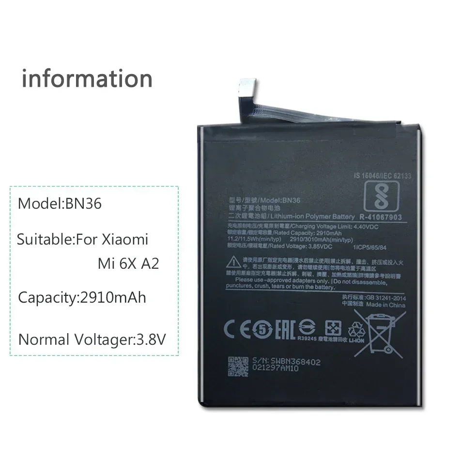 BN36 3010mAh Replacement Mobile Phone Batteries For Xiaomi Mi6X Mi 6X MiA2 Mi A2 BN 36 Smartphone Battery