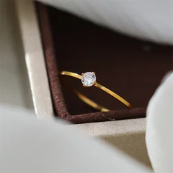 PVD Plated Women Six Claw Zircon Golden Colour Wedding Engagement Dainty Ring Stainless Steel Zircon Romantic Fashion Jewelry