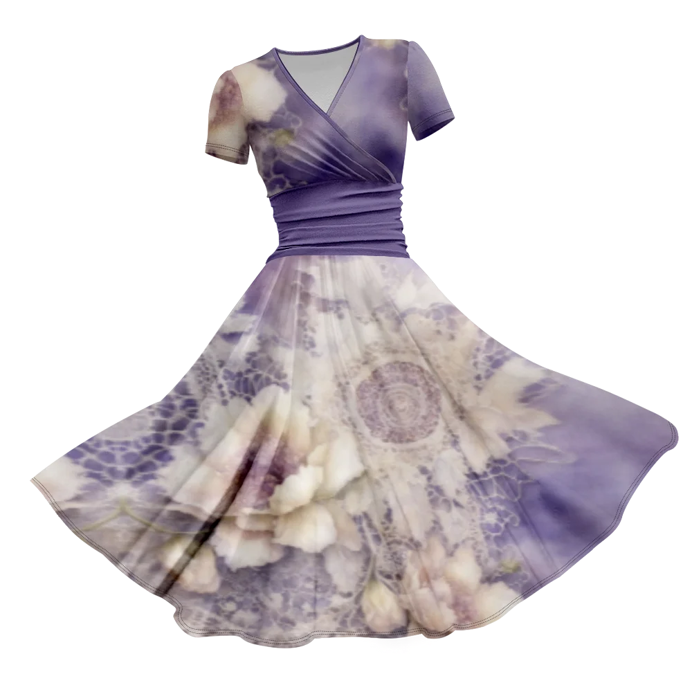 Purple Flower Field Floral Print Elegance Dresses Short Sleeve V-Neck High Waist Swing Dance Party Dress For Elegant Ladies