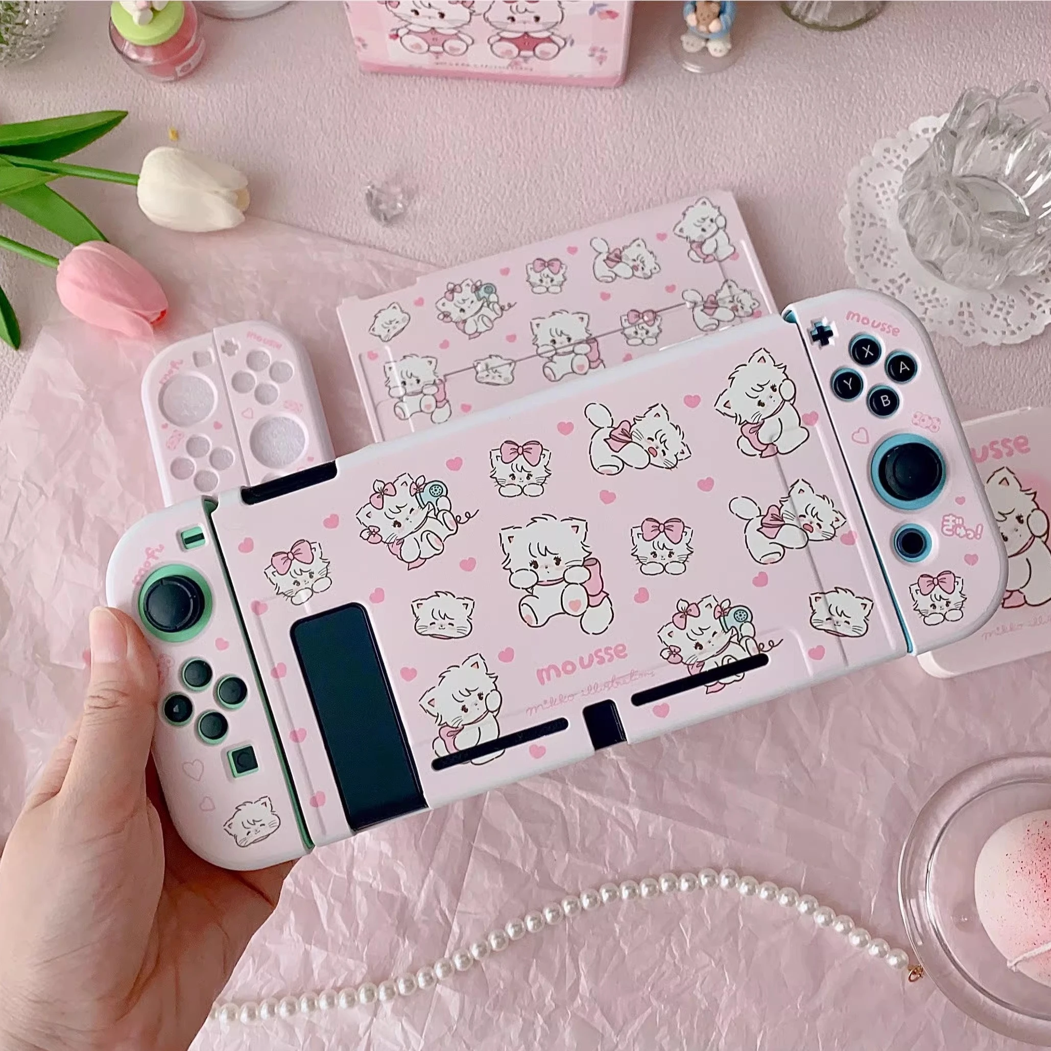 Cute Pink Split Protective Case for Nintendo Switch 2/OLED/NS Cartoon Full-Coverage Shock-Resistant Joy-Con Controller Cases
