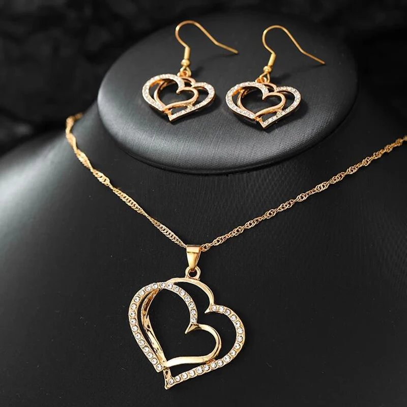 Conjunto de 3 uds de joyería en forma de corazón, pendientes, collar con colgante para mujer, exquisito conjunto de joyería de doble corazón con diamantes de imitación a la moda