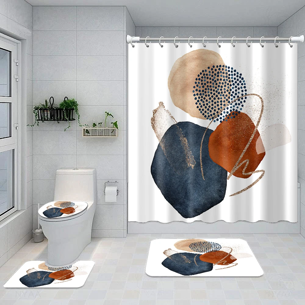 1 set of minimalist European geometric printed shower curtains, modern and fashionable style, with 12 hooks and bathroom floorin