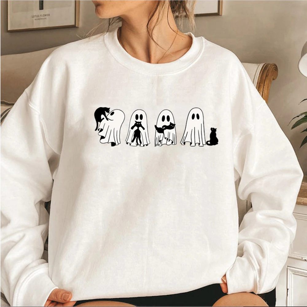 Halloween Black Cat and Ghost Sweatshirt Halloween Ghost Hoodie Spooky Season Cat Sweatshirt Unisex Crewneck Sweatshirt Hoodies