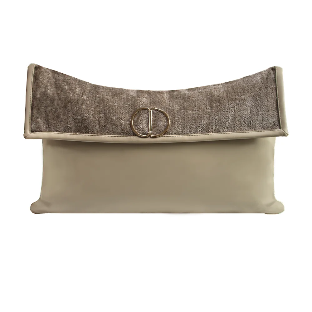 RUIYI Beige Yellow Lumbar Pillow Case Dual Fabric Chenille Faux Leather Cushion With Gold Metal Buckle Luxury Sofa Waist Pillow