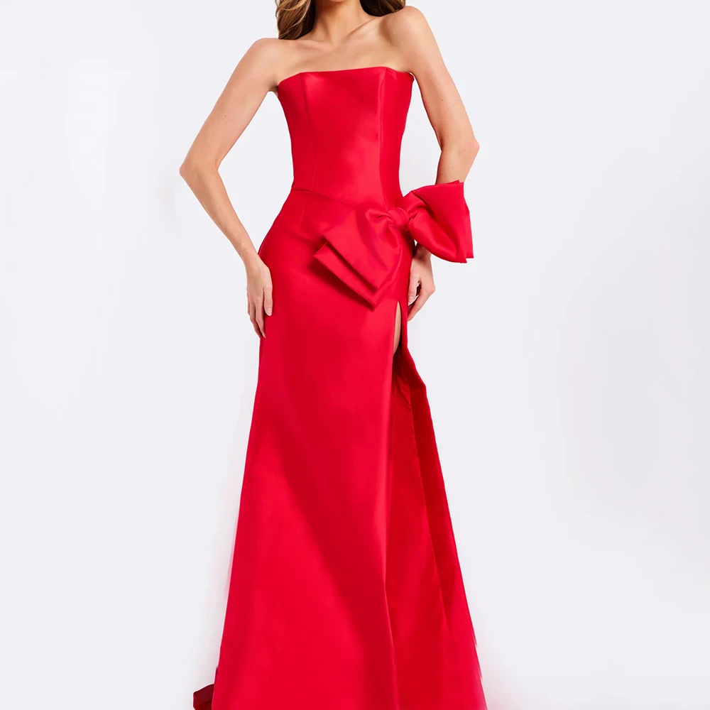 Customized Mermaid Evening Dresses Floor-length Strapless Sleeveless Prom Gown Fashion Bow Side-split Simple Draped Party Gown