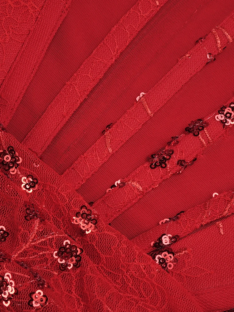 فستان أحمر سباركلي ترتر مرقع دانتيل فتحة عالية فساتين طويلة ماكسي مع قفازات فستان نسائي فاخر صيف 2025 جديد