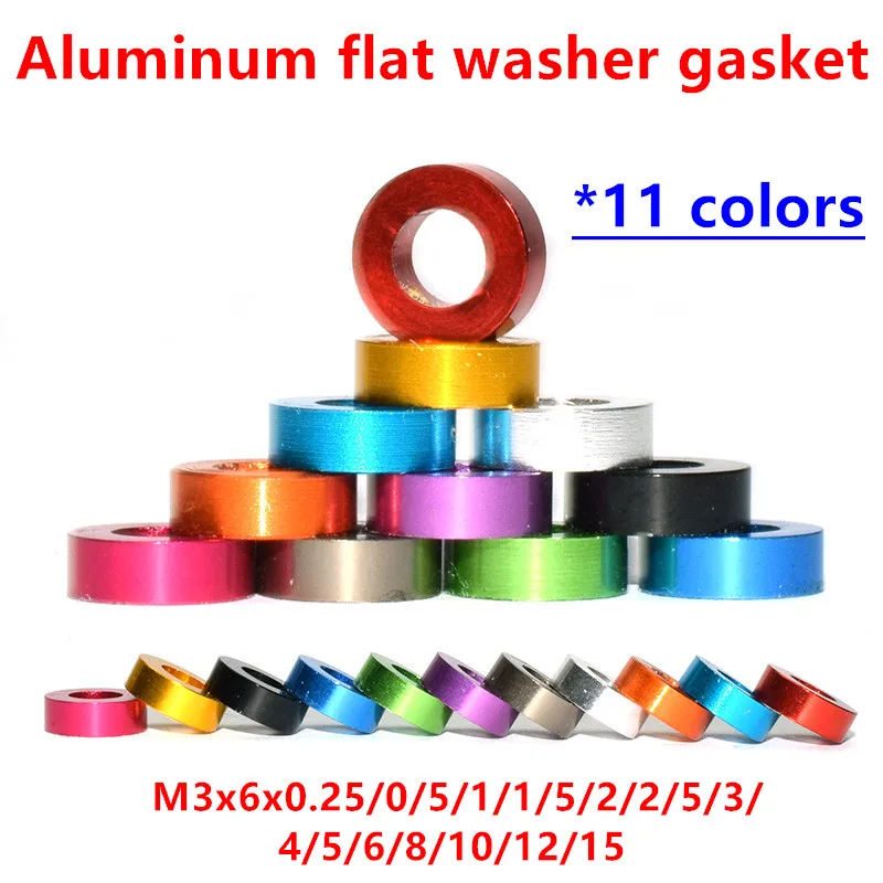 20pcs/lot m3 aluminum washer M3*6*0.25/0.5/1/1.5/2/2.5/3/4/5/6/8/10mm M3 colourful Anodized aluminum flat  Washers Gasket