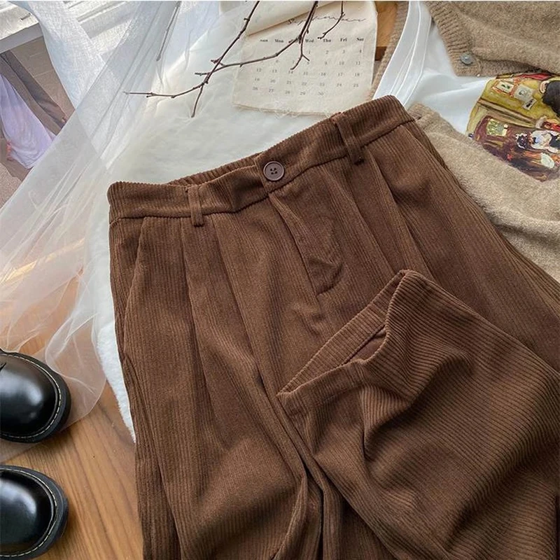 Vintage Corduroy Women Pants High Waist Coffee Wide Leg Pants Fall Casual Korean Office Ladies Trousers New