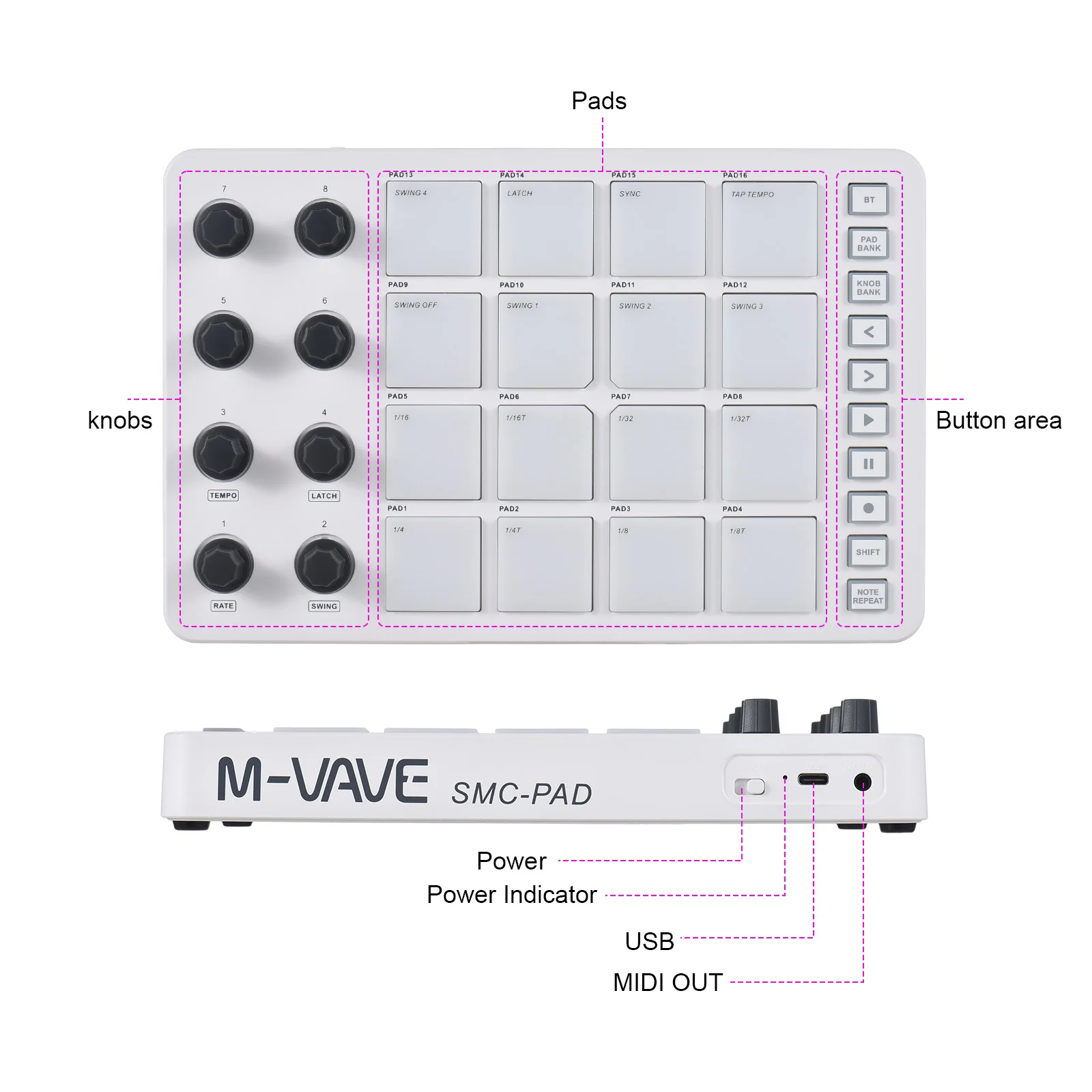 MIDI Controller Strike Pad RGB Backlight MIDI Keyboard BT Connection Low Latency 3.5mm Output Interface with MIDI Pad SMC-PAD