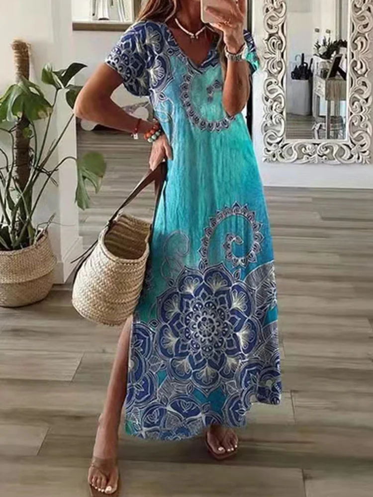 Chic t-shirt Style stampato Maxi Dress donna girocollo abiti a maniche corte abiti estivi Casual da vacanza