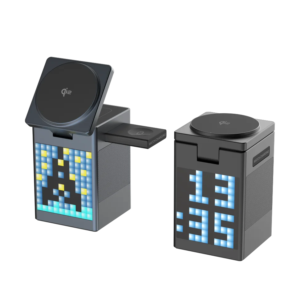 مكبر صوت بلوتوث Qi2 معتمد 6 في 1 محطة شحن لاسلكية لحامل MagSafe Cube متعدد الوظائف بجانب السرير وشاحن المكتب