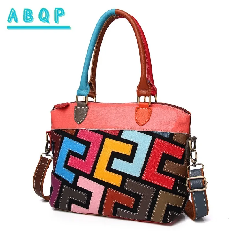 

ABQP Новая женская сумка из натуральной кожи, сшитая вручную, цветная женская сумка через плечо, большая вместительная модная женская сумка
