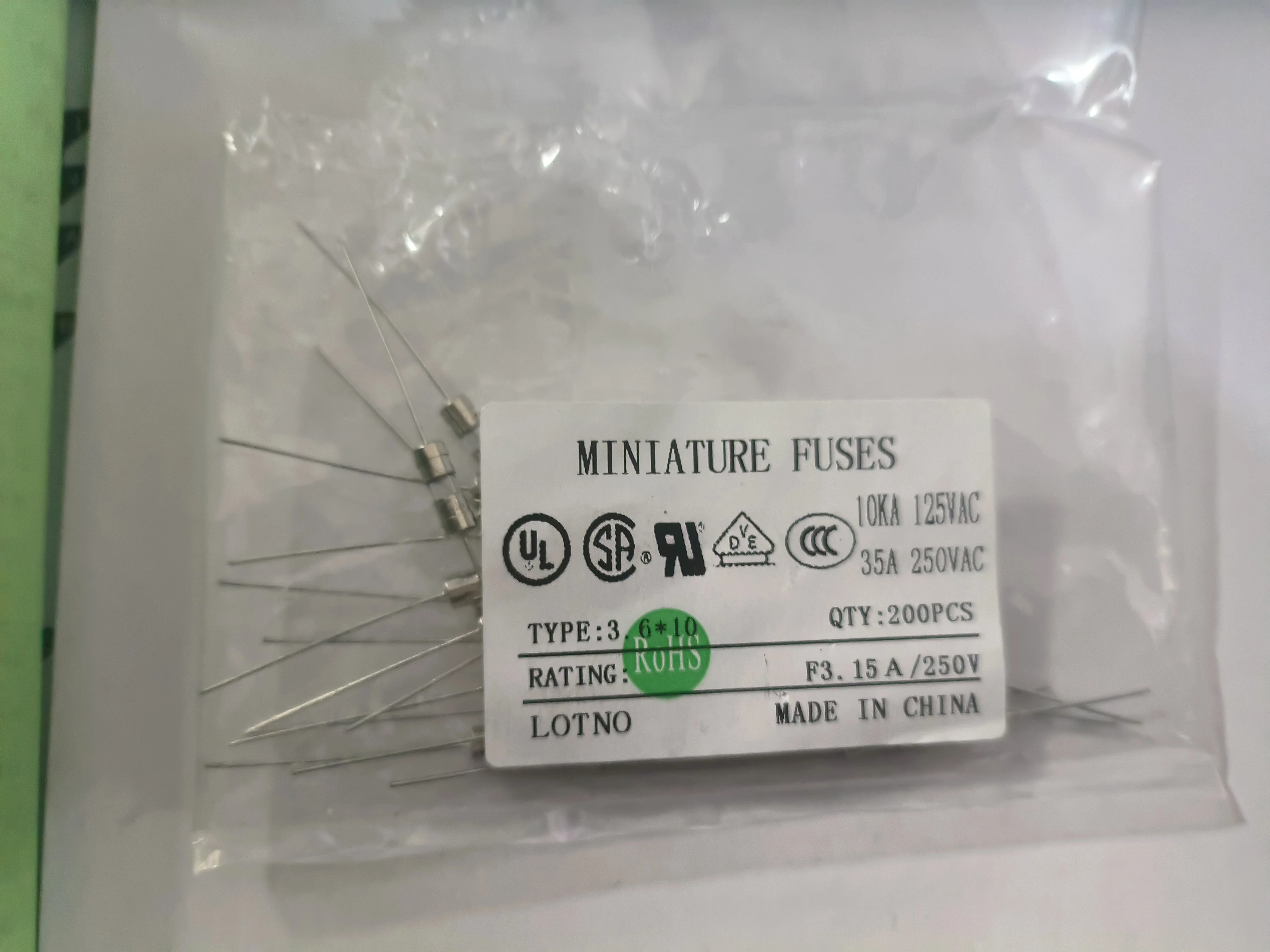 Clearance sale 19PCS Glass fuse tube 3.6x10 double cap 250V with pin F3.15A