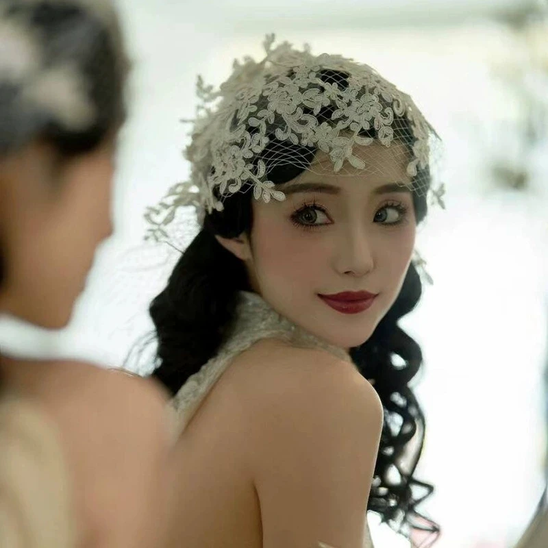 Retro Chinese Vintage Bridal Headdress Vintage Mesh Lace Headdress Hat Wedding Gauze Aesthetic Photo Shooting Hair Accessories