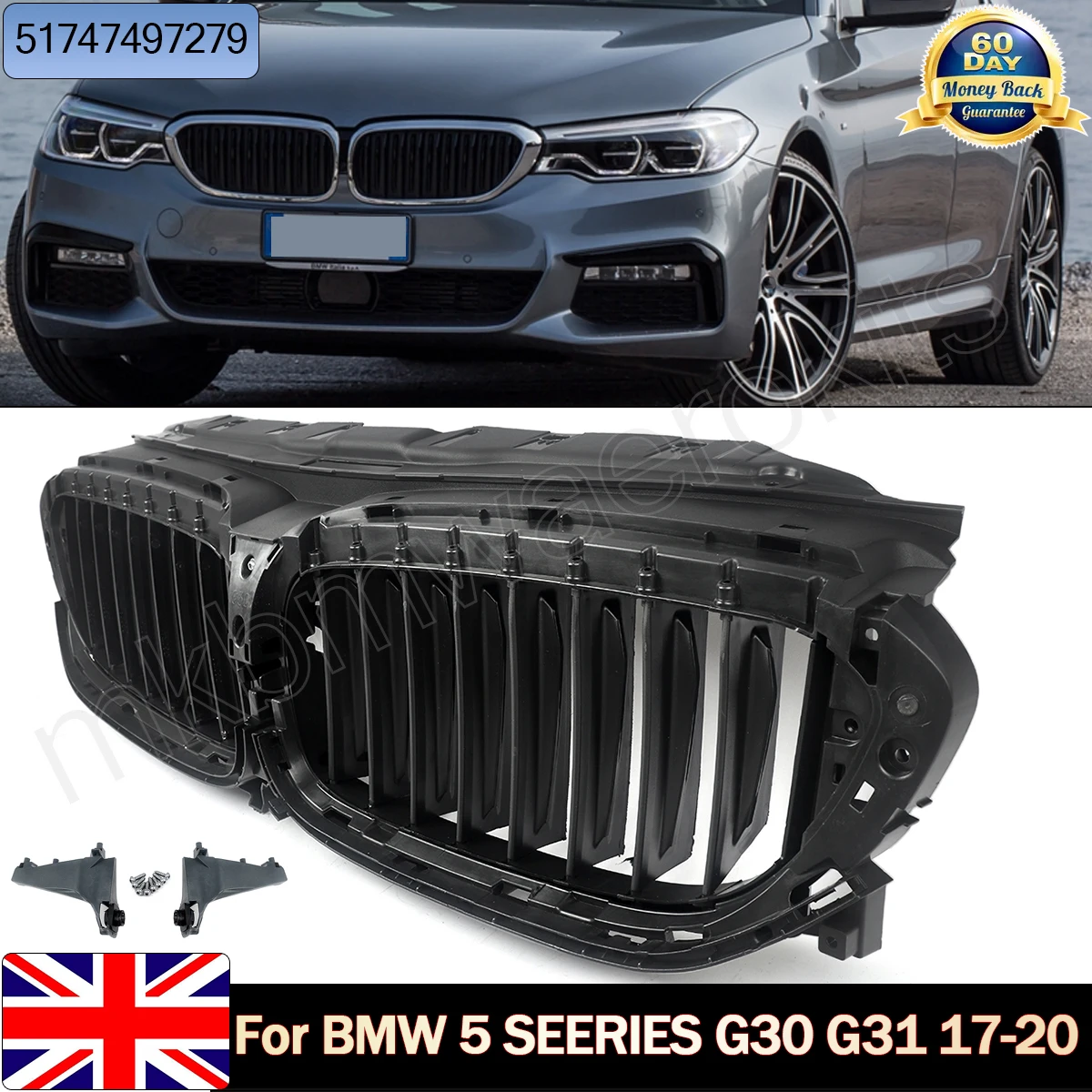 Otturatore d'aria attivo con griglia radiatore anteriore superiore 51747497279 Per BMW Serie 5 G30 G31 G38 2017-2020 Paraurti anteriore Decorazione automatica Griglia