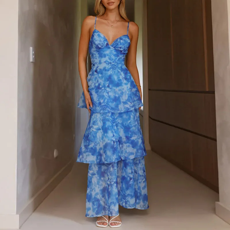 Chic Floral Print Ruffle Chiffon Long Dresses Woman Sexy V Neck High Waist Cake Party Dress Summer Backless Zip Sling Boho Dress