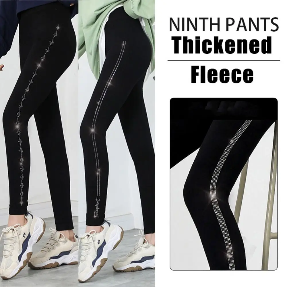 Warm Fleece Women Leggings Thickened Hotfix Rhinestone Autumn Winter Leggings Striped Teenage Pants