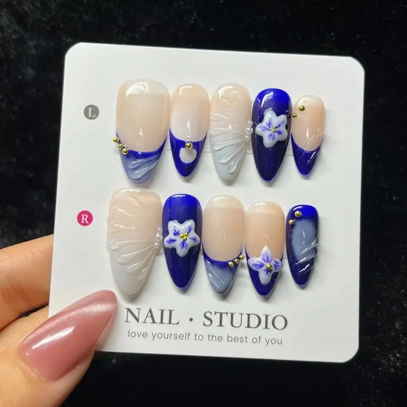 10PCS 3D Floral Press on Nails Almond Shape Peach Pink Ombre with Rhinestone Design Sweet Elegant False Nails Handmade for Women