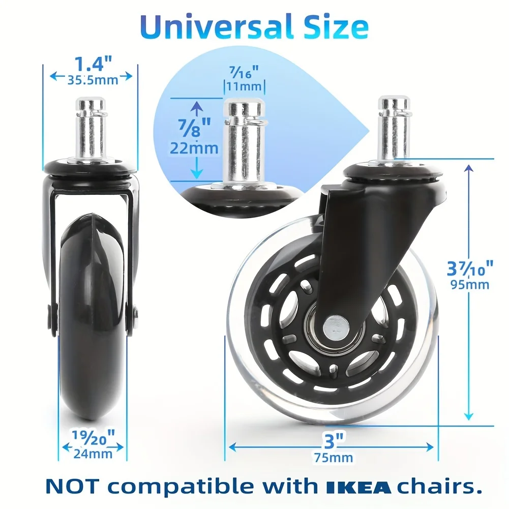 Set of 5, Heavy Duty 3-inch Office Chair Casters, Rubber Swivel Wheels, Safe for Smooth Floors, Replacement for Office Chairs