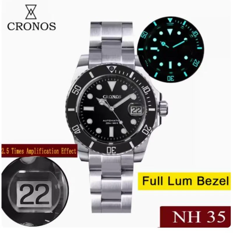 Cronos relógio automático masculino 40mm relógio de pulso mecânico militar safira 200m à prova dwaterproof água BGW-9 luminosa nh35 moldura cerâmica