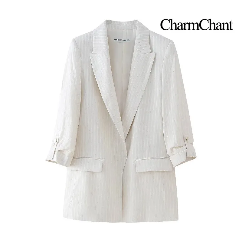 CHARMCHANT Women's Textured Linen Blend Blazer Wide Lapel 3/4 Sleeve Open Front Oversized Casual Summer Suit Jacket Fashion 2026