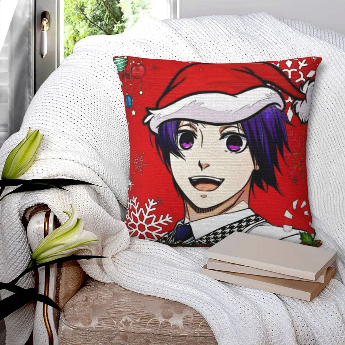 Paars Haar Anime Jongen Kerstmuts Kerst Kunst Kussensloop Kussenhoes Zacht Kussensloop Kawaii Kussenslopen Voor Huisdecoratie