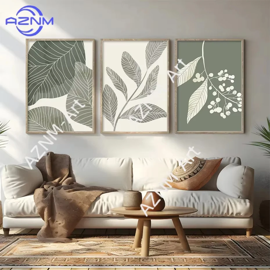 1_3PCS Moderne abstrakte Geometrie, kleine frische Pflanzenblätter, nordisches Poster für Wohnzimmer, Schlafzimmer, Wohnung, Triptychon