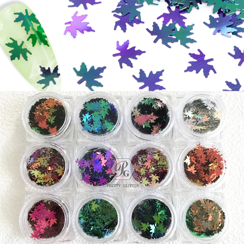 PrettyG 1 Set 12Color Box 6MM Chameleon Maple Leaves Sequin Glitter Shape Color Shitf Glitter For Resin DIY Nail Art Decoration