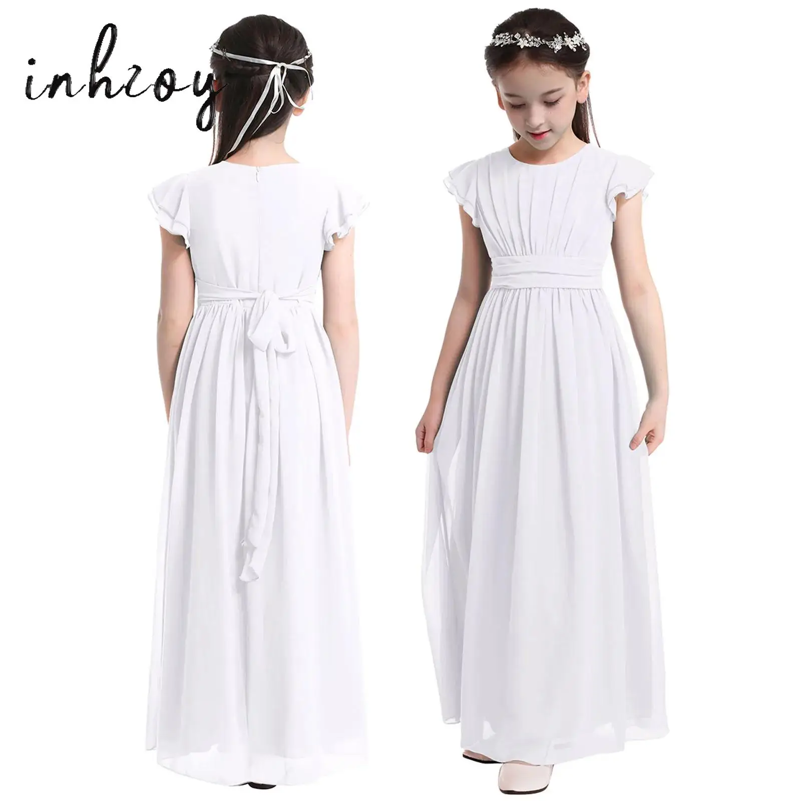 

Детское платье подружки невесты для девочек, белое плиссированное шифоновое платье с цветочным узором для девочек, пышное платье макси с развевающимися рукавами для выпускного вечера