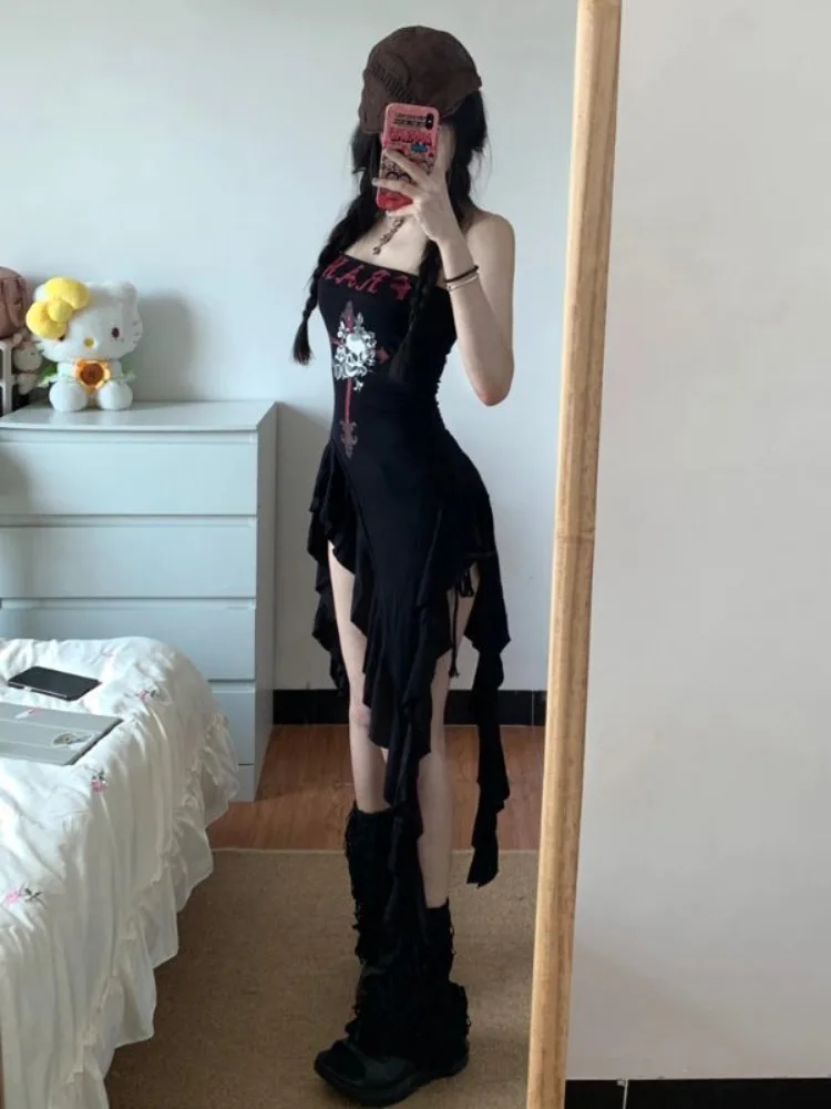 Elegant Irregular Black Strapless Dress for Women 2024 Summer New Slim Fit Dresses Y2k High Waist Ruched Vestidos De Mujer