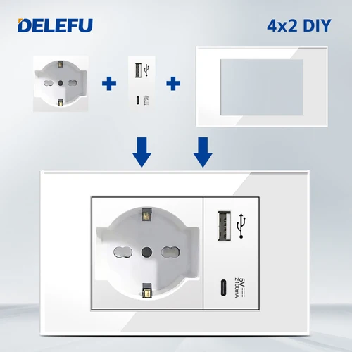 DELEFU enchufe italiano DIY pizarra USB tipo C interruptor de timbre 45A 20A cortina teléfono CAT5 TV HDMI SAT blanco inteligente